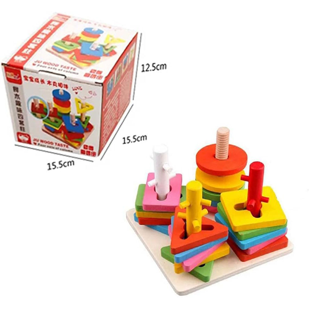 أحجية خشبية قابلة للتكديس بتصميم هندسي مكونة من 4 اعمدة