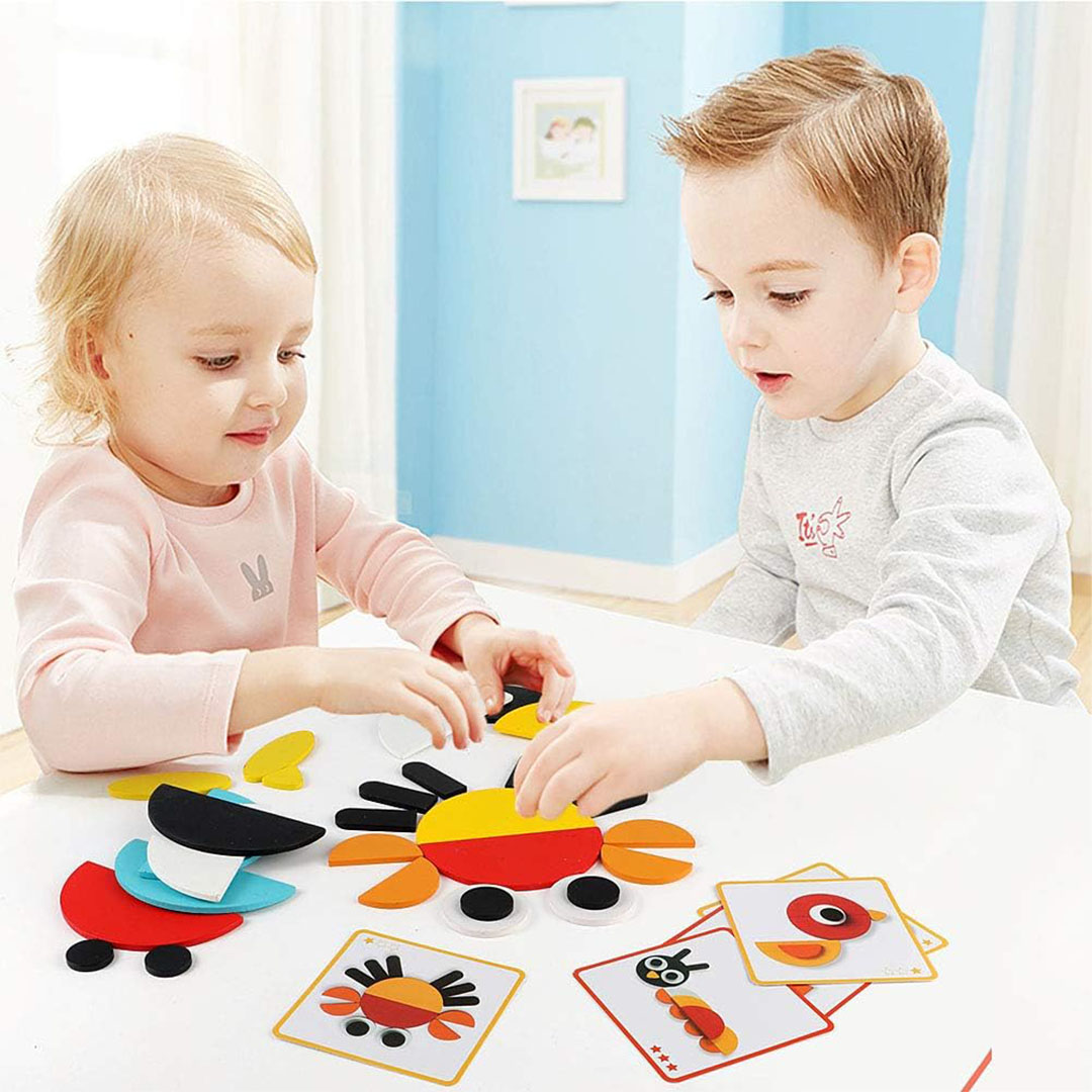 مكعبات بازل خشبية بأشكال هندسية مع 24 بطاقة - 130 قطعة