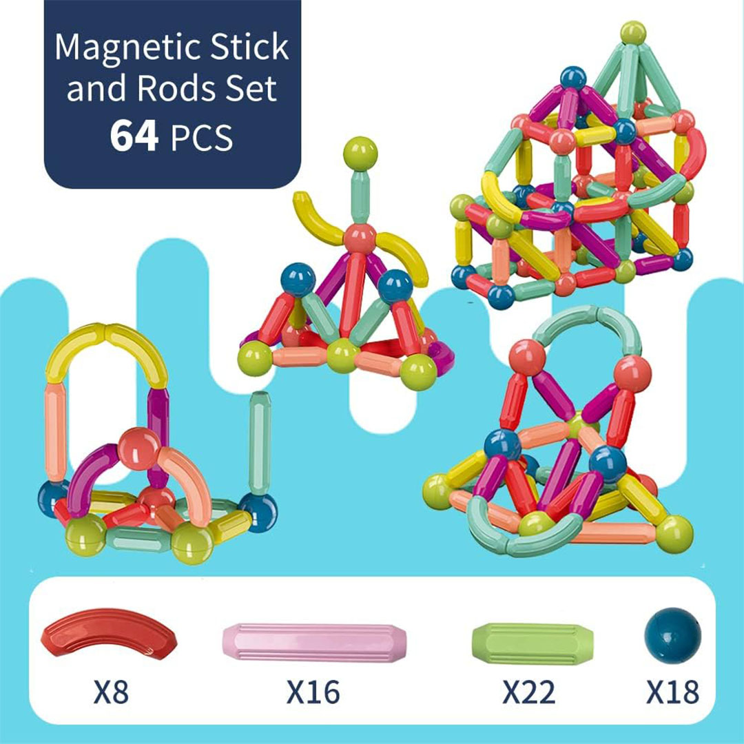 مجموعة كرات وعصي مغناطيسية لتنمية المهارات - 64 قطعة