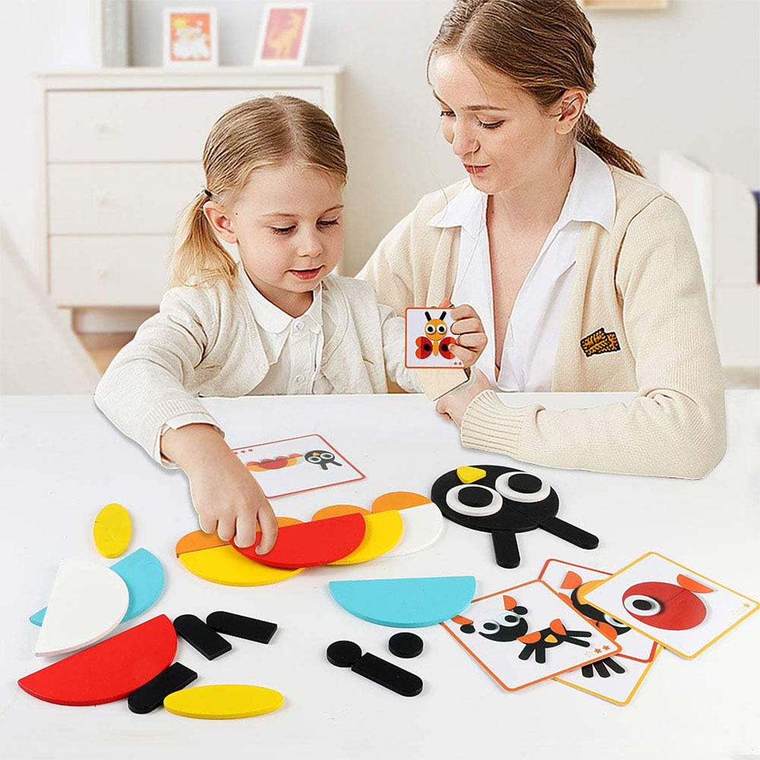 مكعبات بازل خشبية بأشكال هندسية مع 24 بطاقة - 130 قطعة