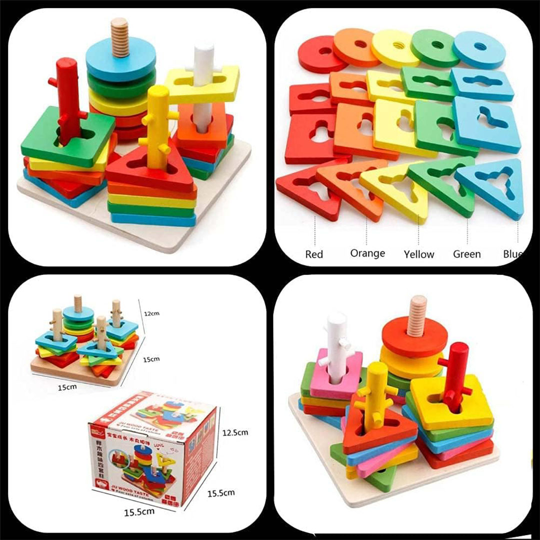 أحجية خشبية قابلة للتكديس بتصميم هندسي مكونة من 4 اعمدة