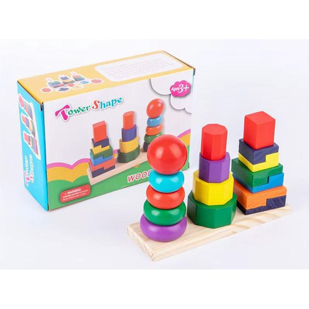 ألعاب البناء الخشبية التعليمية وأشكال هندسية برج قوس قزح