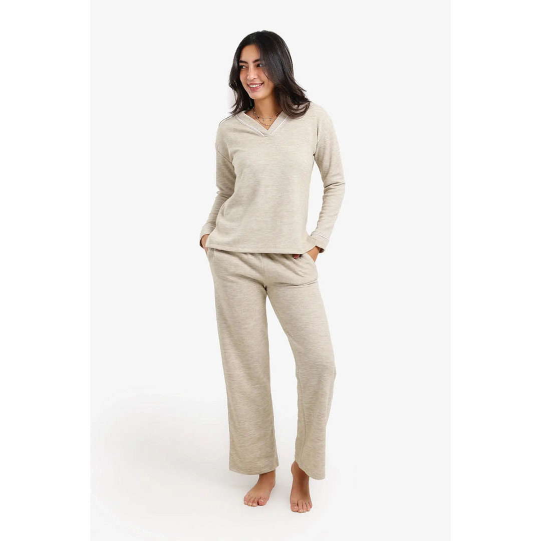 طقم بيجامة بتصميم ذاتي حريمي - بيج 57950