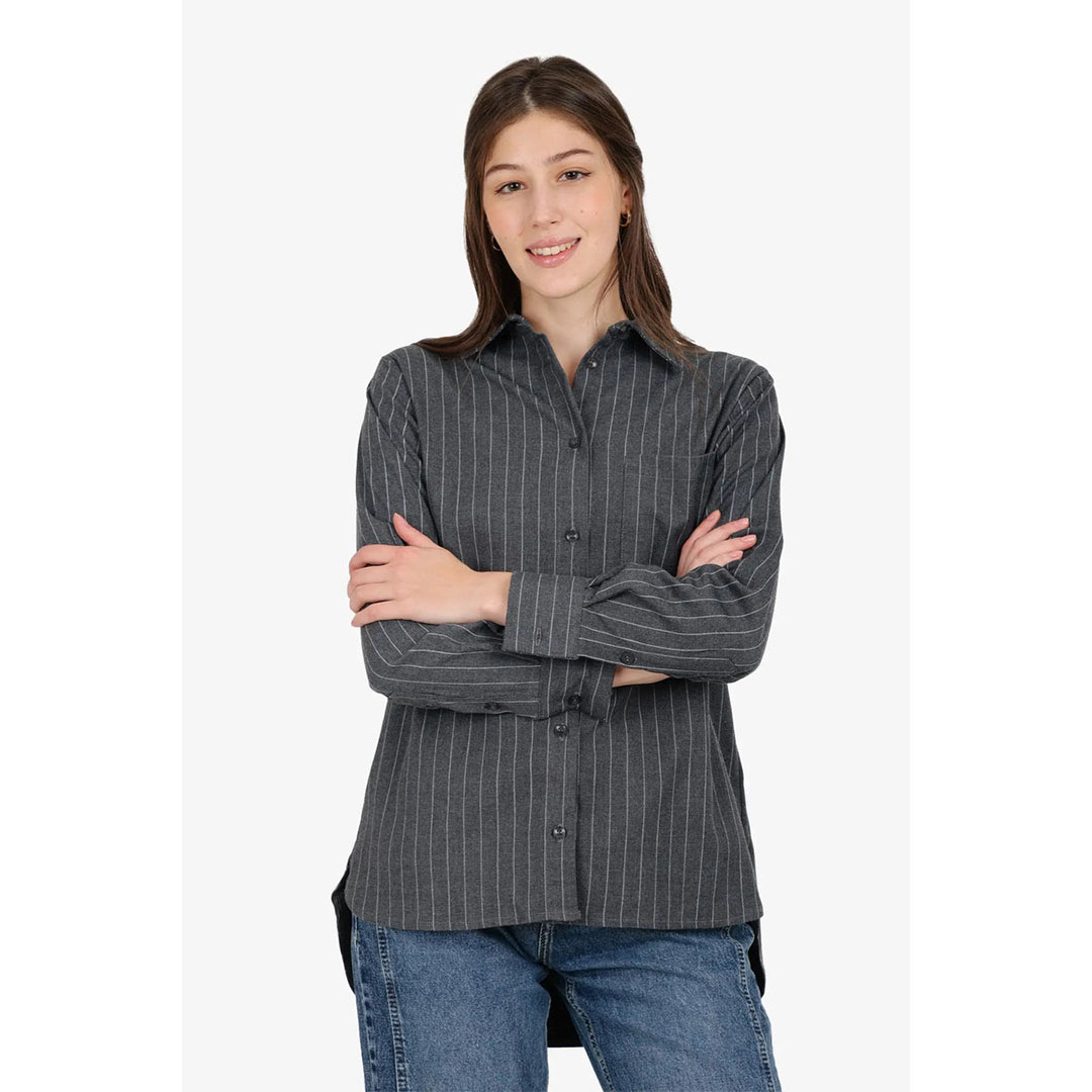 قميص مخطط بقصة عادية حريمي - رمادي 58187