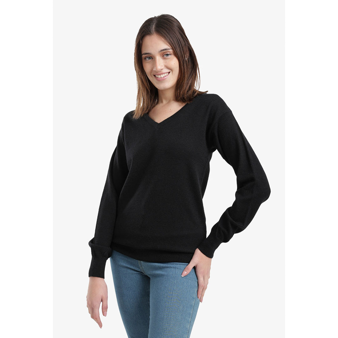 بلوفر صوف بياقة على شكل حرف V - أسود - 58029