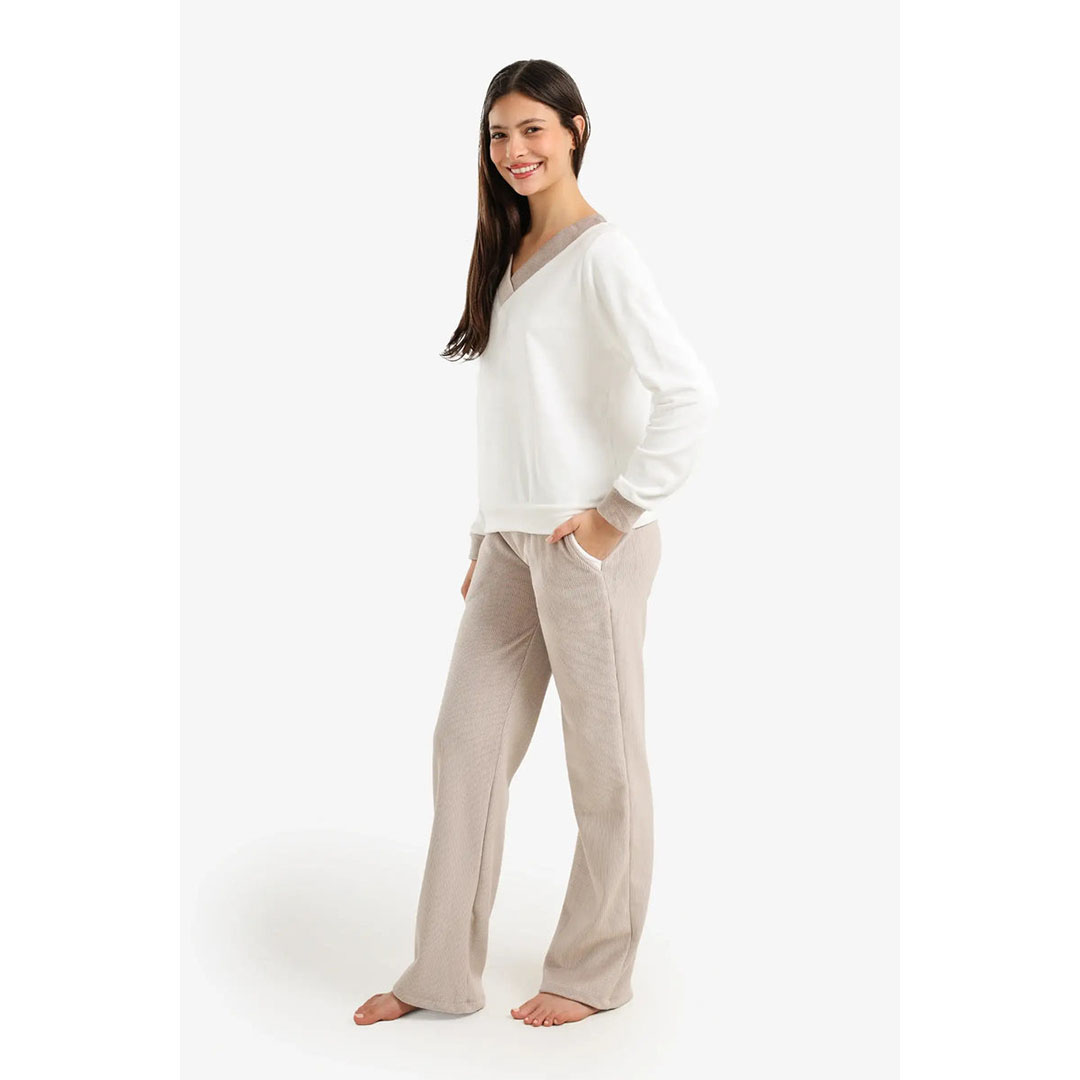 طقم بيجامة مخملي برقبة على شكل حرف V حريمي 58034