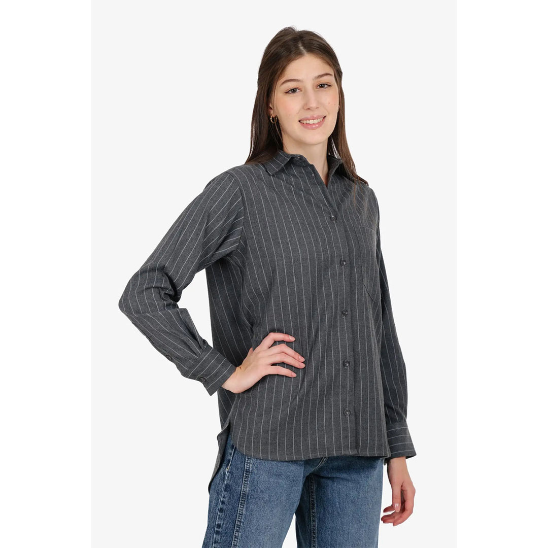 قميص مخطط بقصة عادية حريمي - رمادي 58187