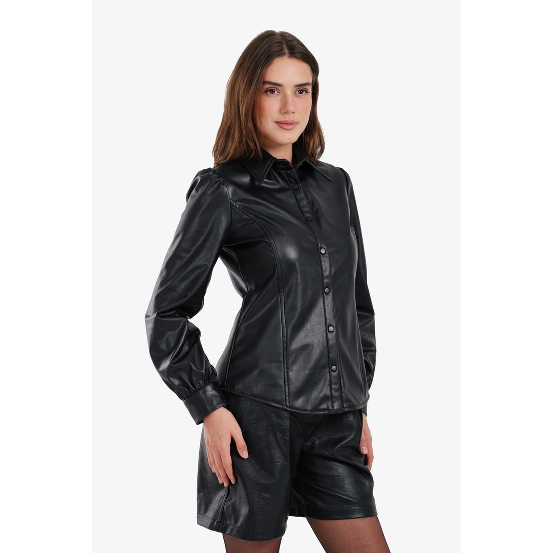 قميص جلد بأزرار كبس - أسود - 58266