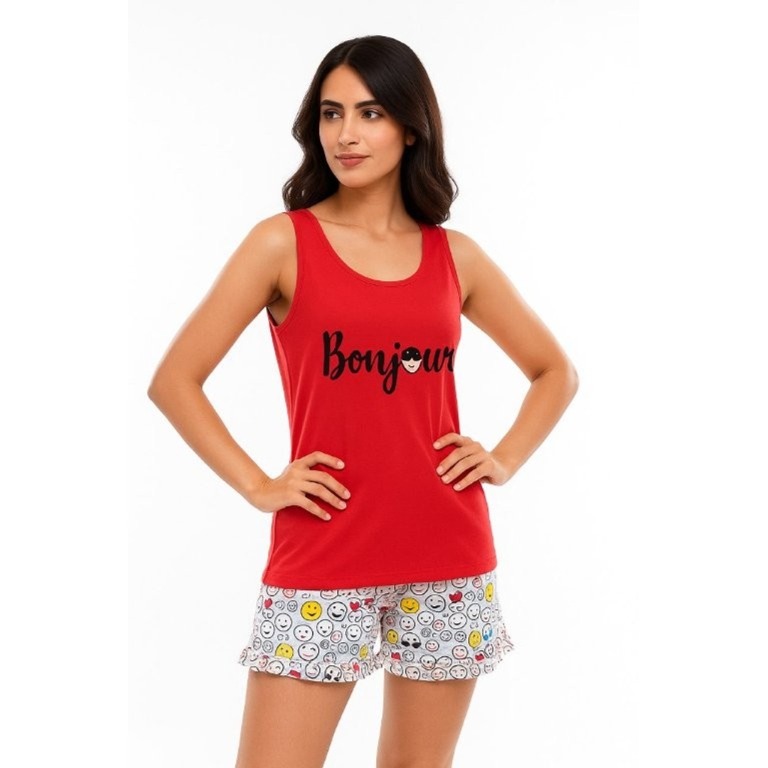 كارينا كوكيز بيجاما حريمي بدون كم و شورت - أحمر