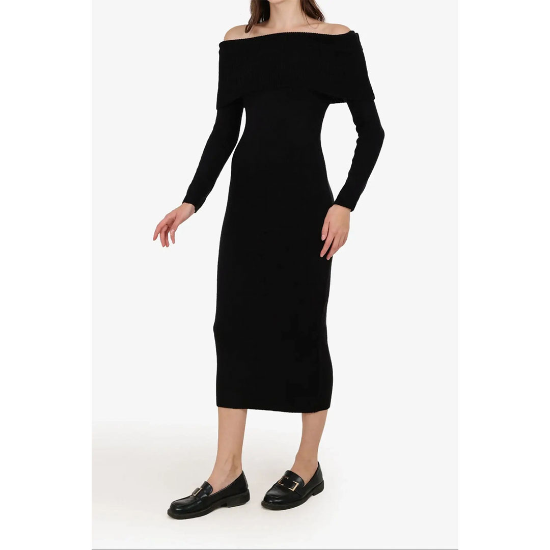 فستان ميدي مكشوف الكتفين حريمي - أسود 57530