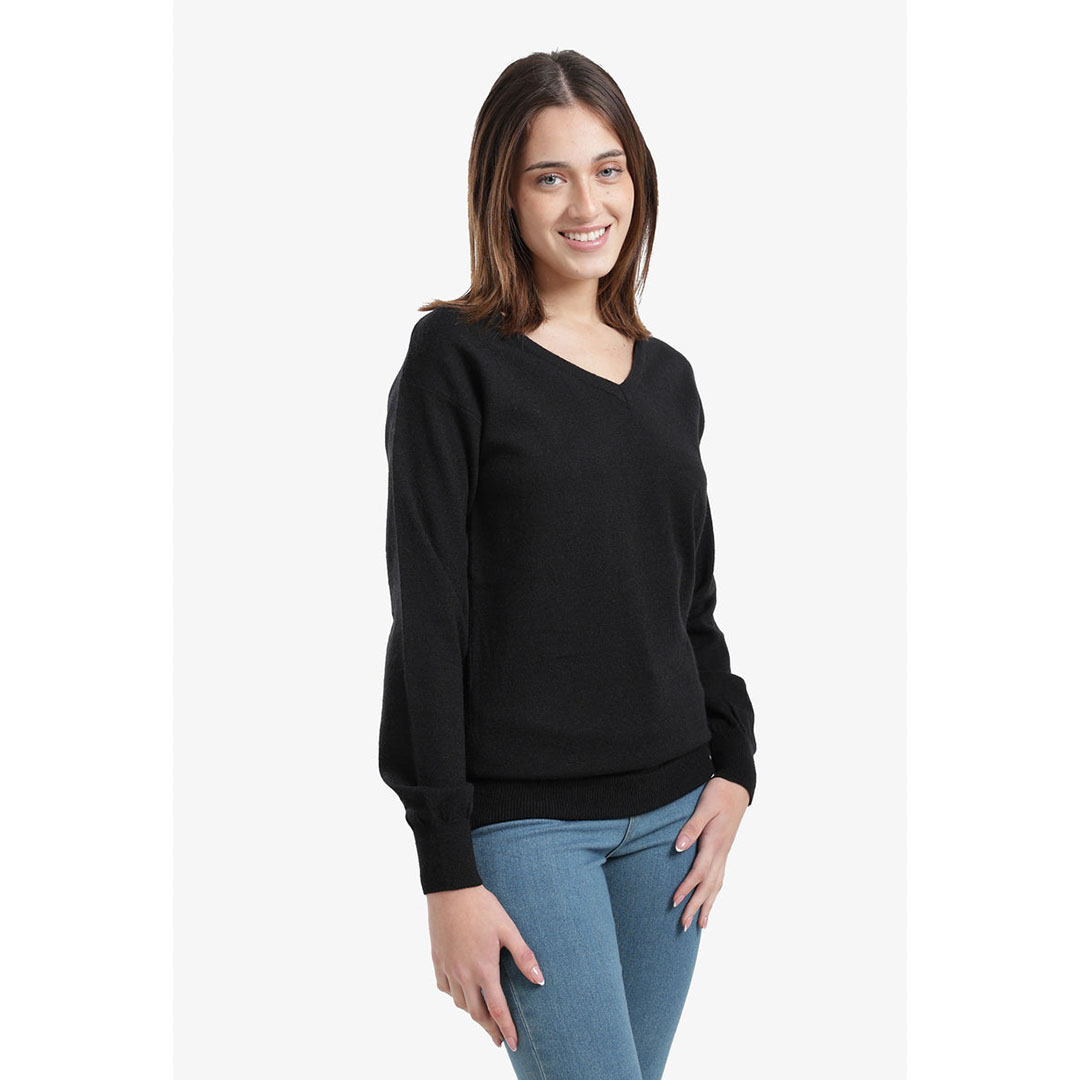 بلوفر صوف بياقة على شكل حرف V - أسود - 58029