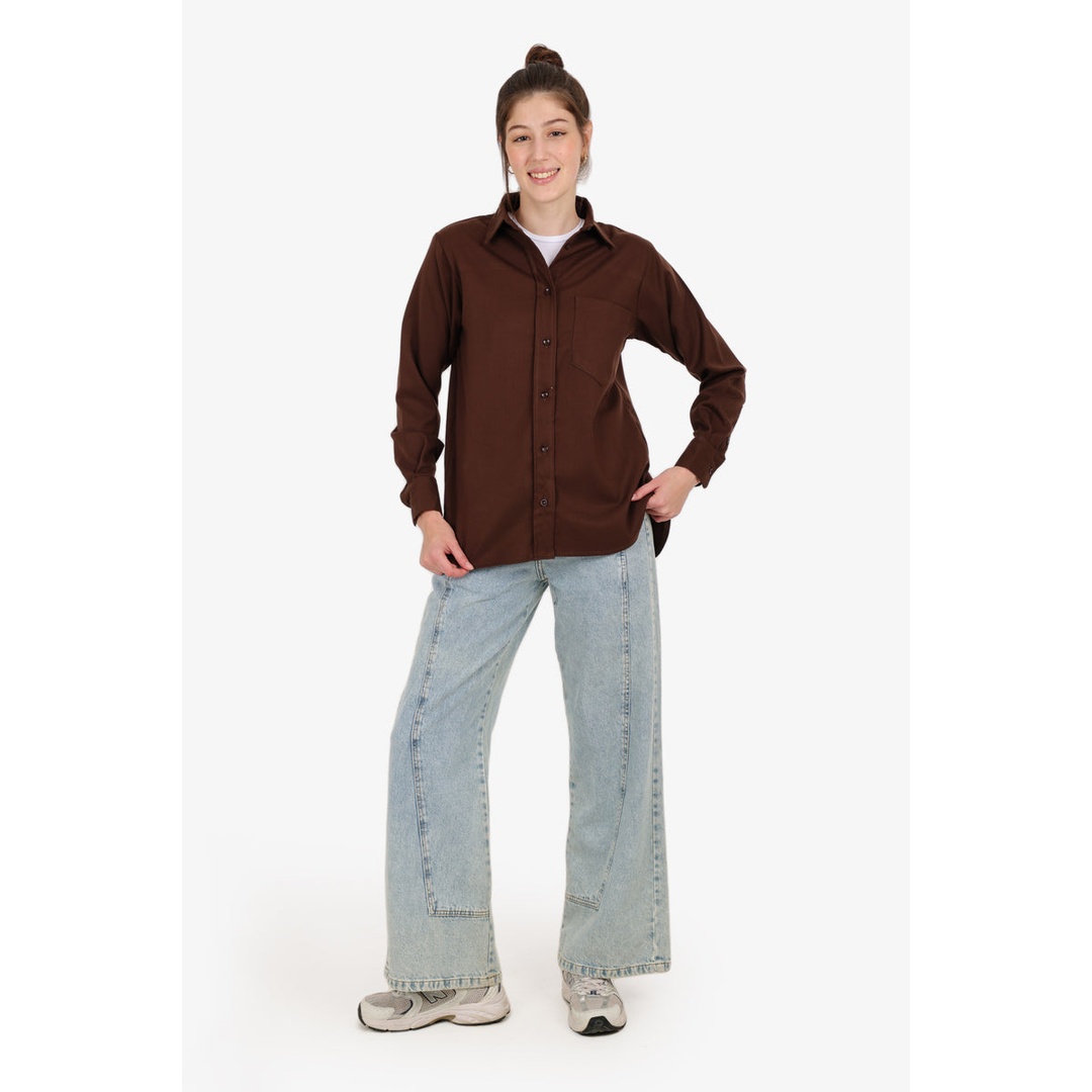 قميص مريح بقصة غير متساوية - بني - 58119