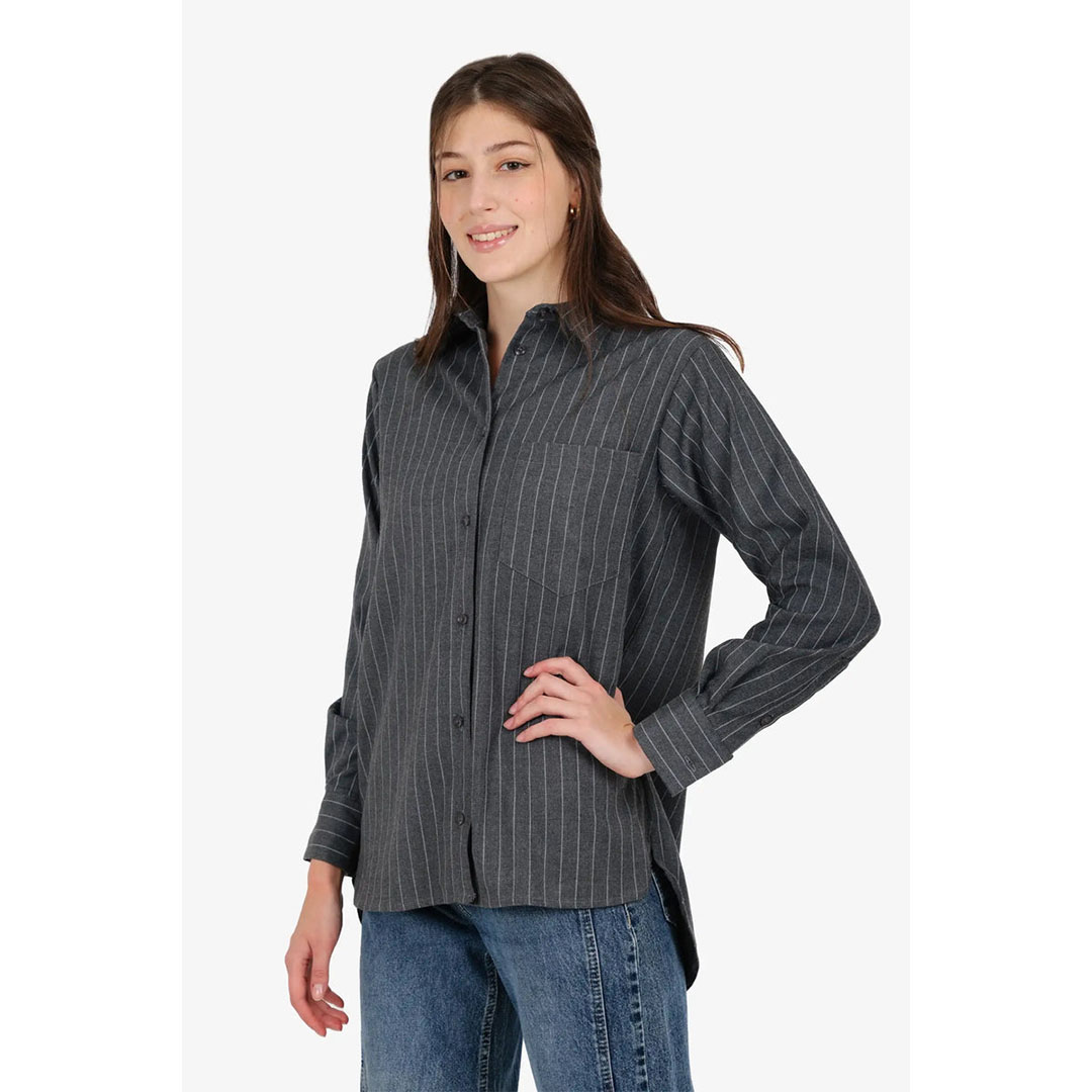 قميص مخطط بقصة عادية حريمي - رمادي 58187