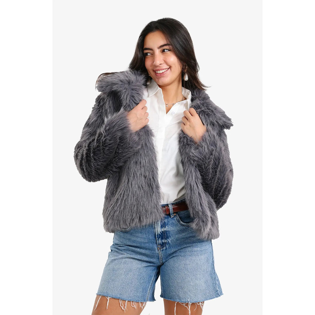 معطف شيربا مفتوح العنق حريمي - رمادي 57475