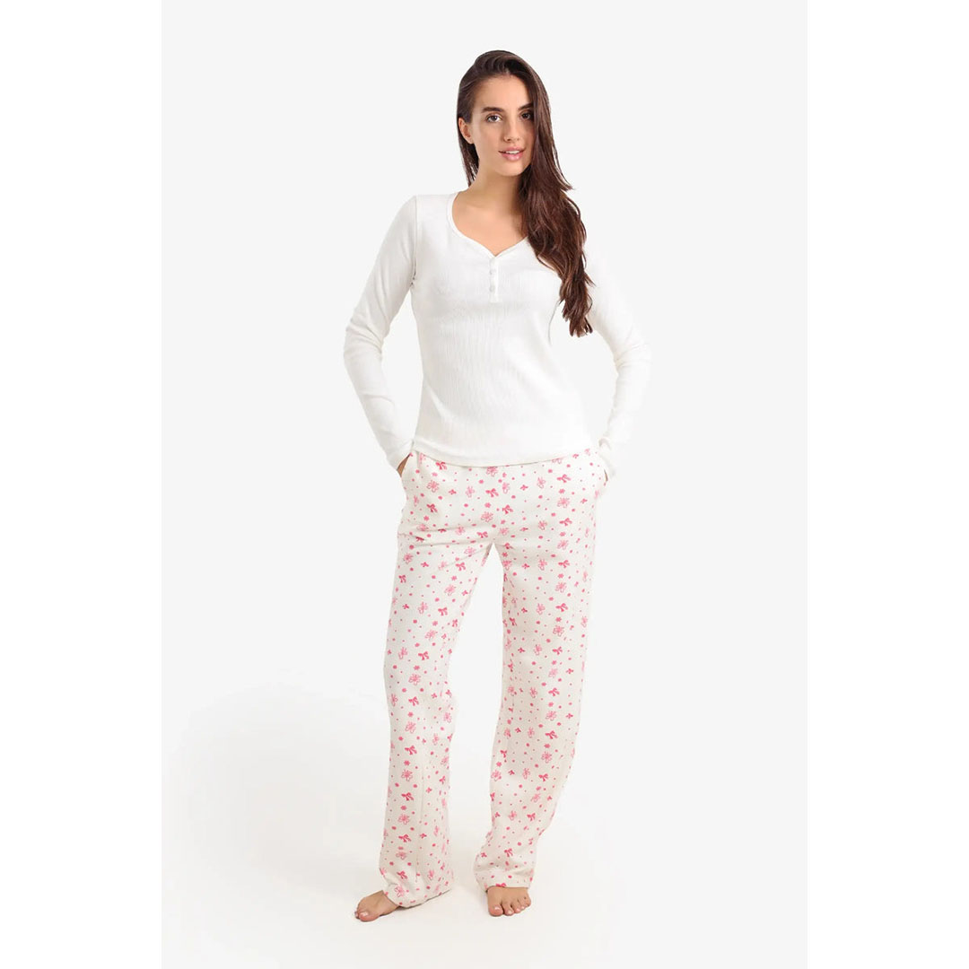 طقم بيجاما مطبوع برقبة هنلي حريمي 58191