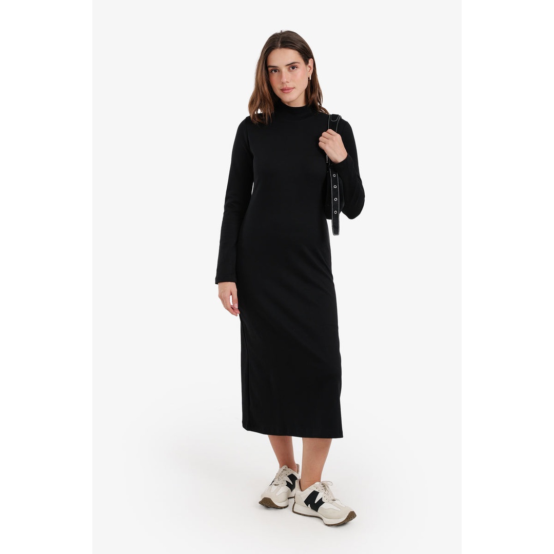 فستان ميدي بياقة عالية - أسود - 58231