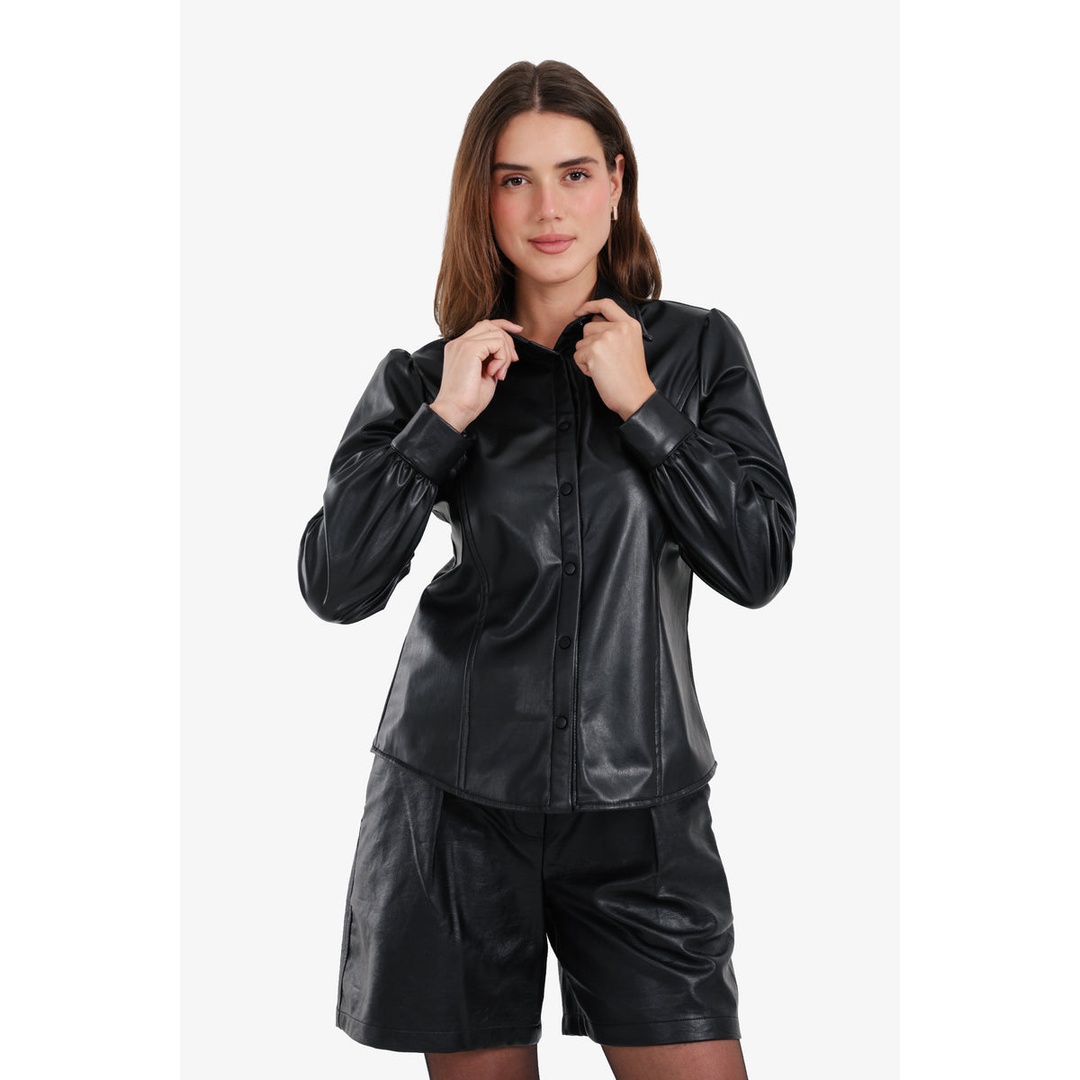 قميص جلد بأزرار كبس - أسود - 58266