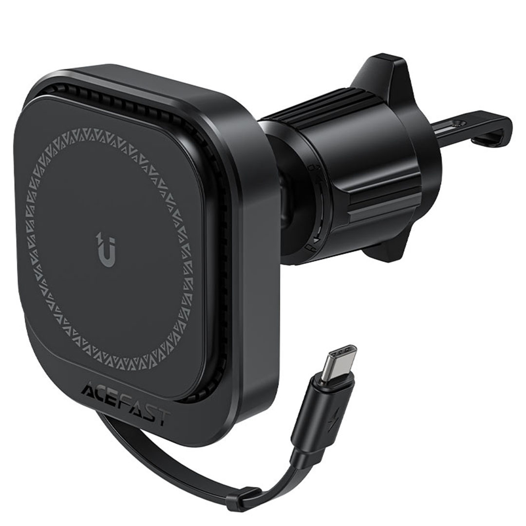 حامل سيارة مغناطيسي D32 مع شحن لاسلكي وكابل قابل للسحب للفتيس الهوائي - أسود