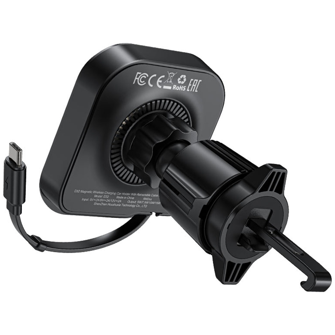 حامل سيارة مغناطيسي D32 مع شحن لاسلكي وكابل قابل للسحب للفتيس الهوائي - أسود