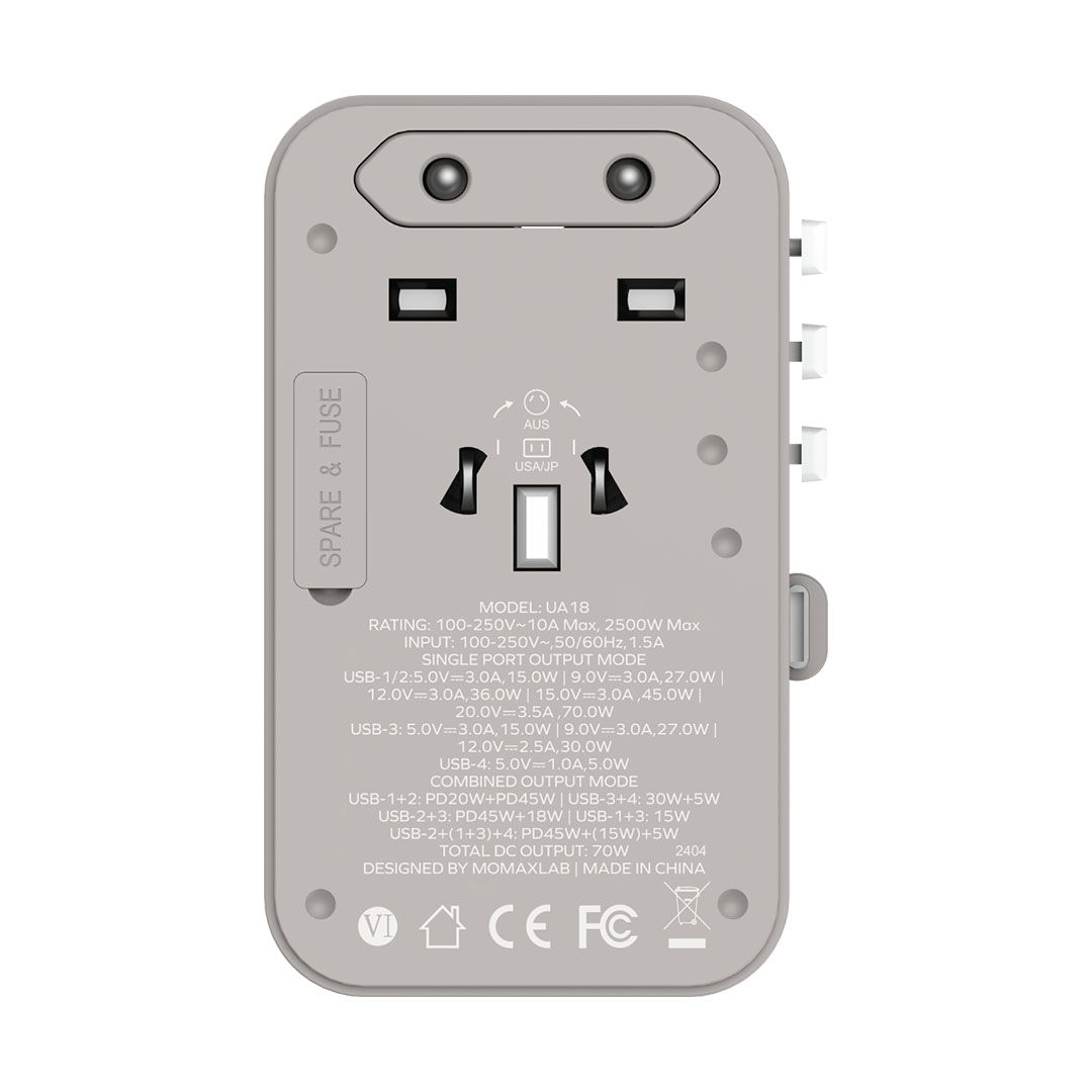 شاحن سفر 1-World+ 70W GaN 3 منافذ مع كابل USB-C مدمج + محول AC - رمادي