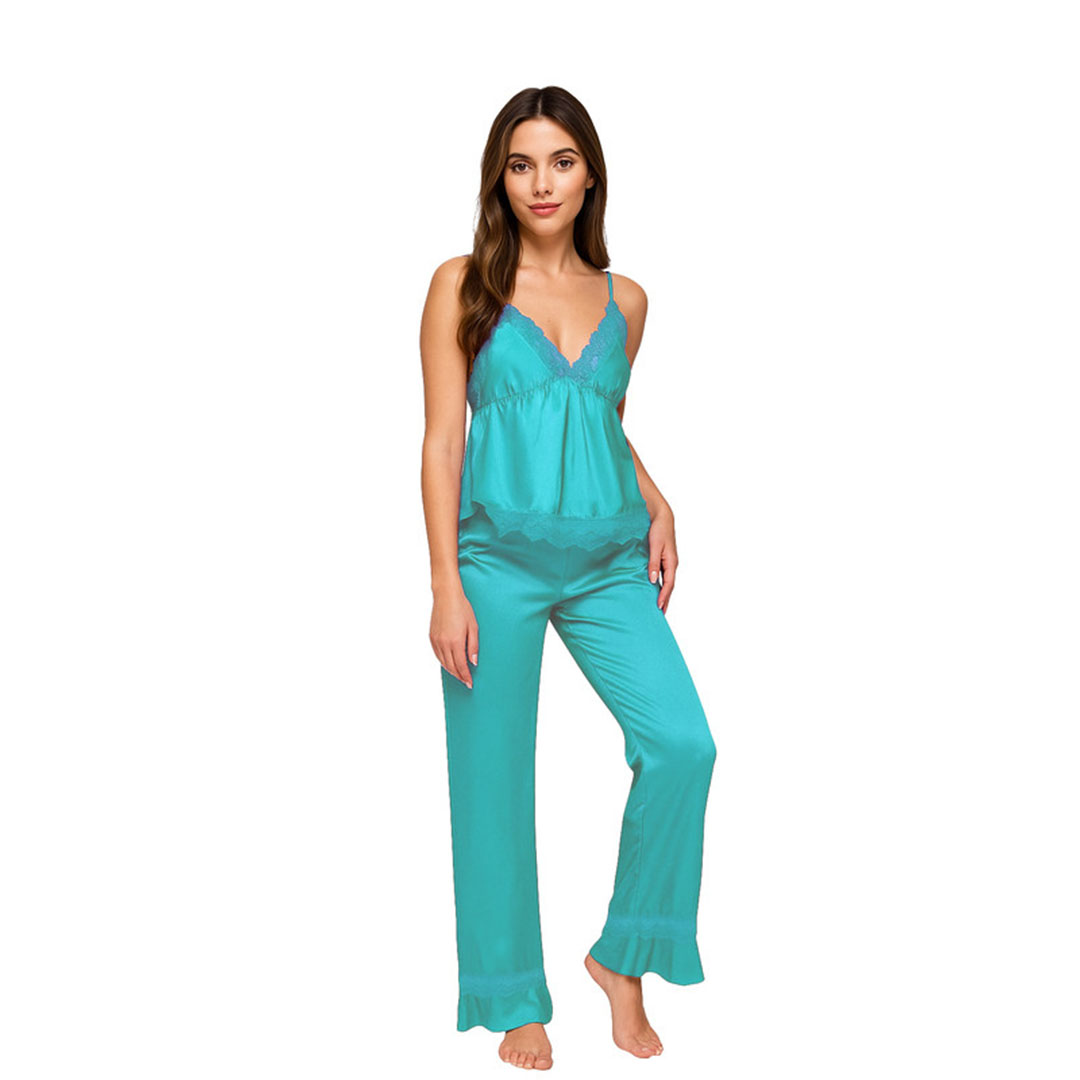 بيجامة توب حمالة و بنطلون ستان دانتلا شيفون - 2 قطعة 196