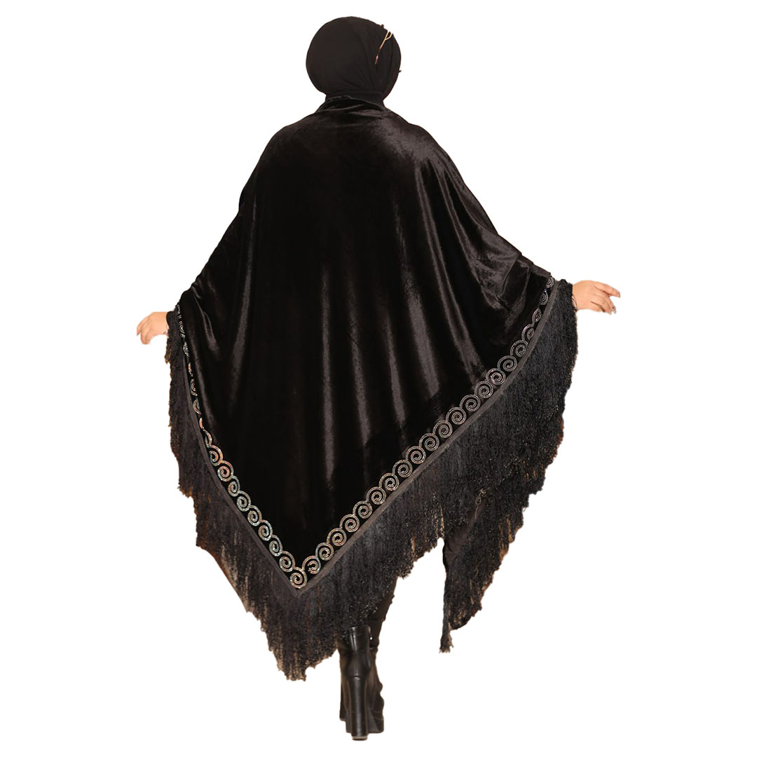 شال بتطريز علي الاطراف دوائر قطيفه - أسود