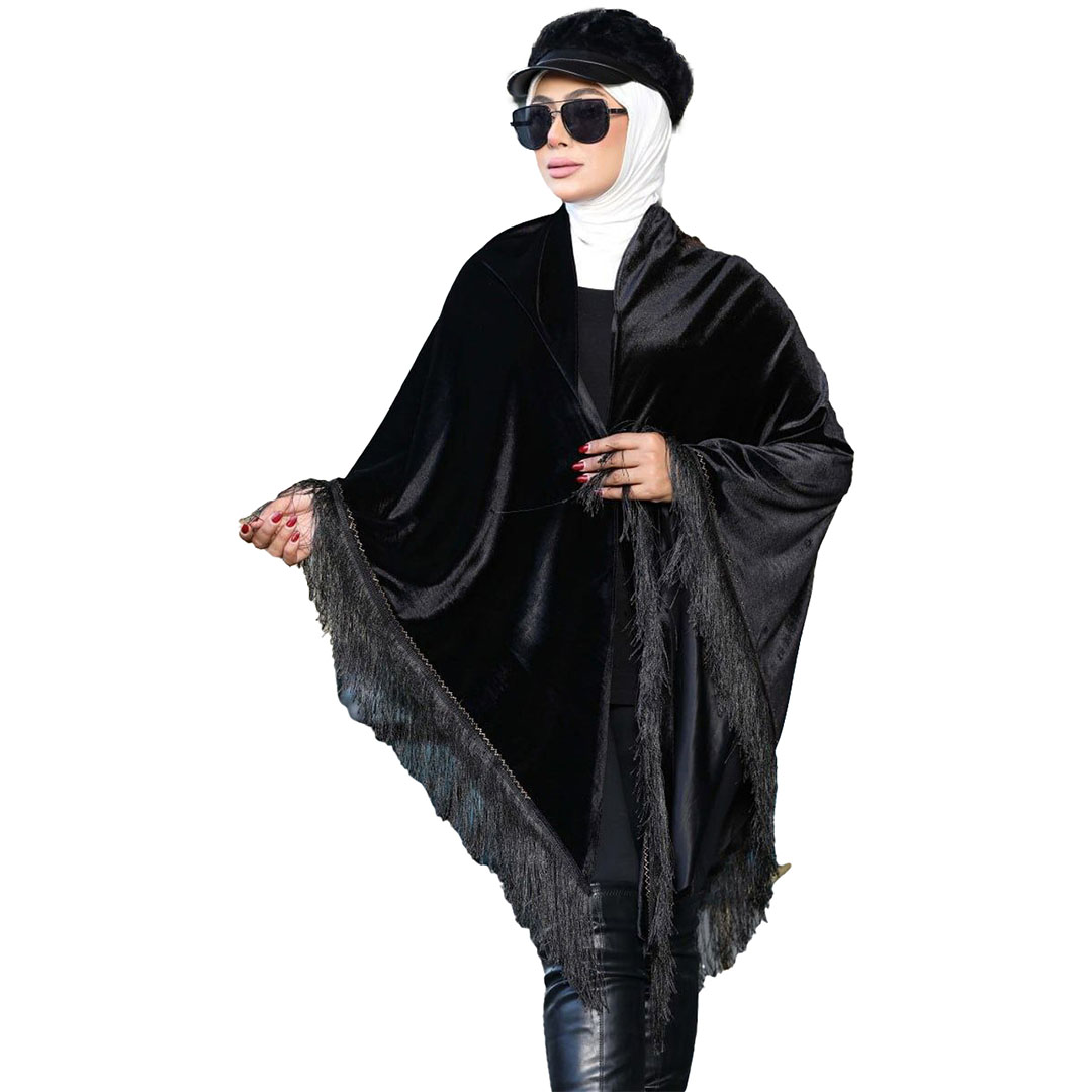 شال بتطريز  دوائر حلزونيه قطيفه - أسود