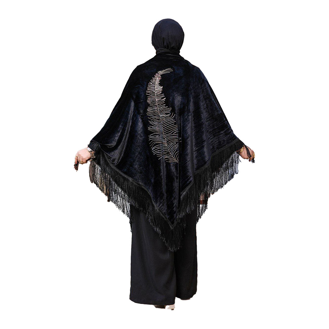 شال بتطريز ورقة شجر قطيفه - أسود