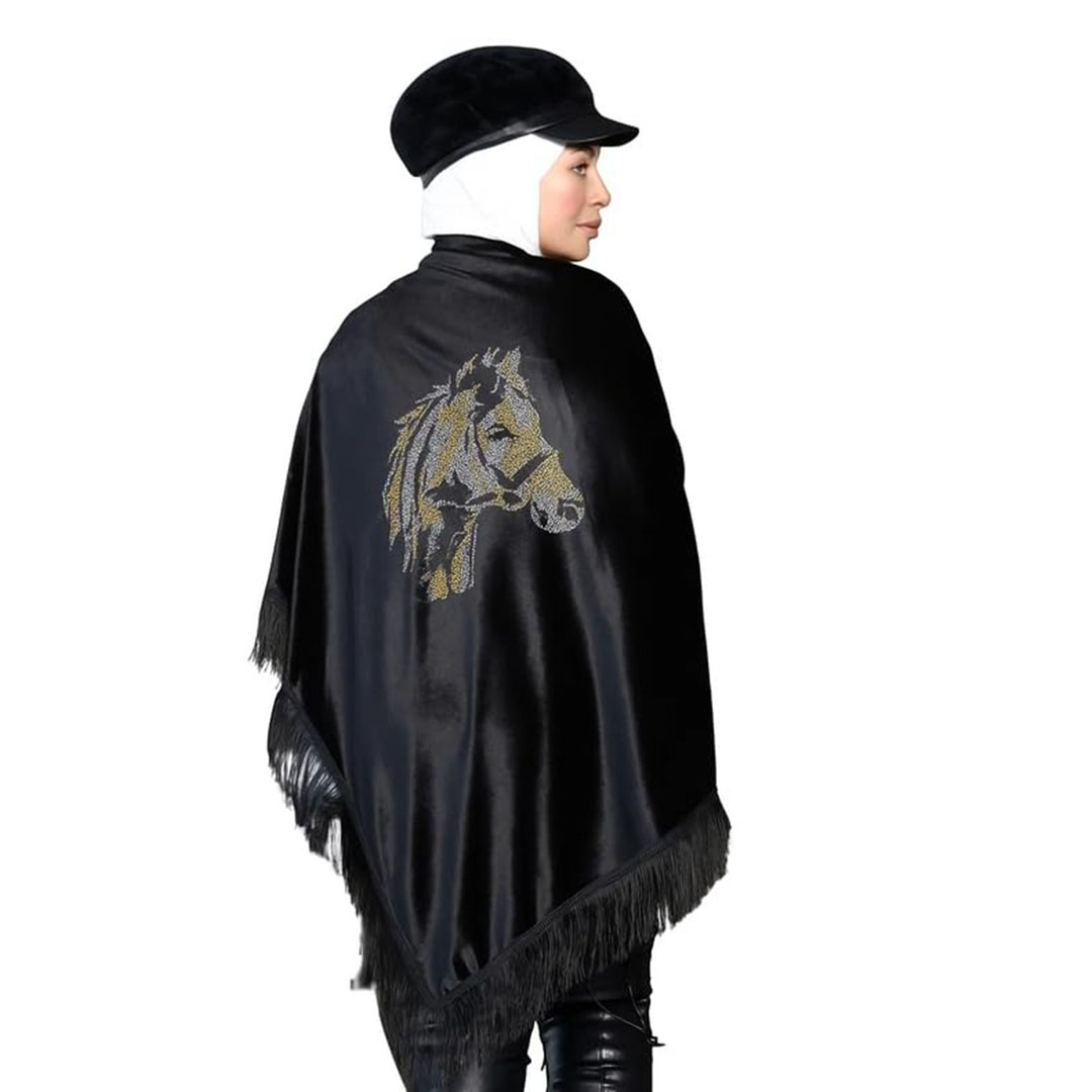 شال بتطريز  حصان ذهبي قطيفه - أسود
