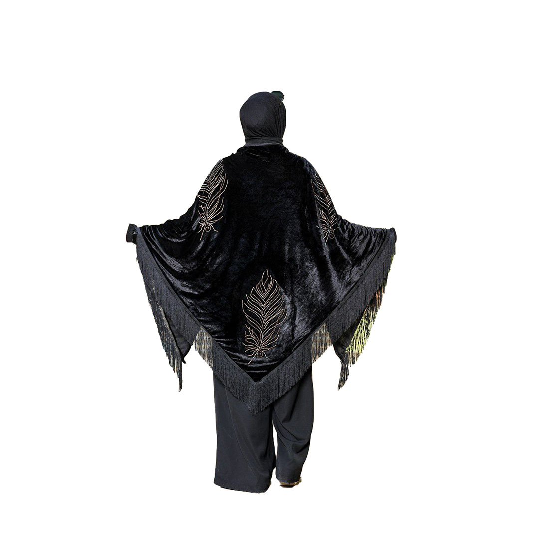 شال بتطريز  اوراق شجر قطيفه - أسود