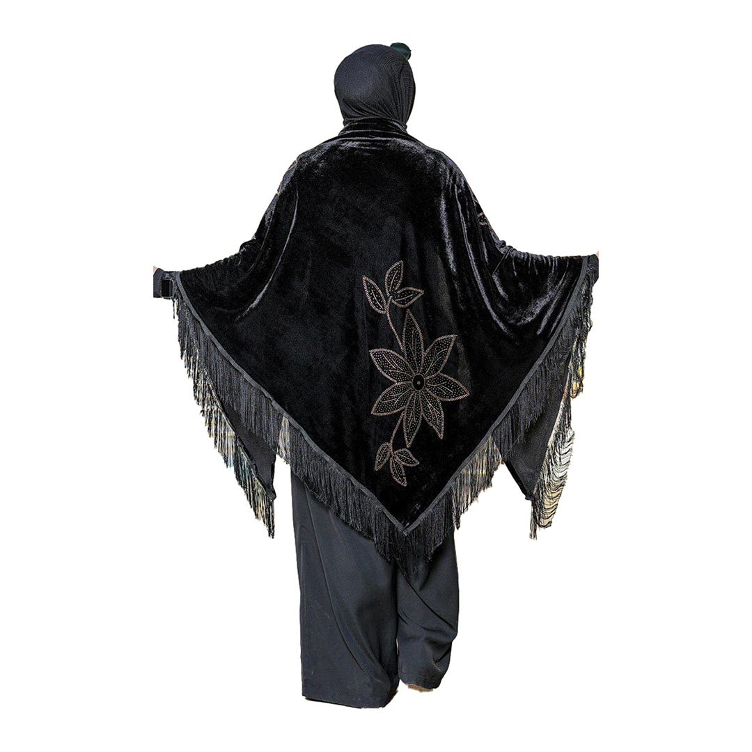 شال بتطريز وردة كبيرة قطيفه - أسود