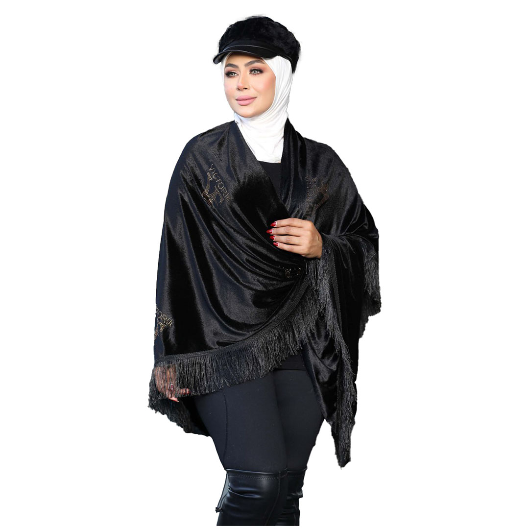 شال قطيفه تطرييز استراس شكل VF - أسود
