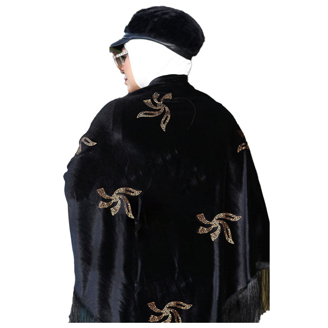 شال بتطريز مراوح  قطيفه - أسود