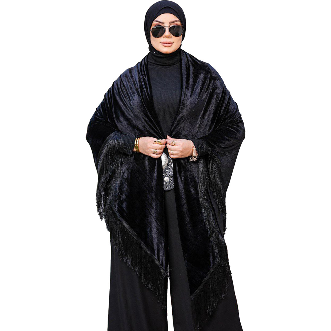 شال بتطريز ورقة شجر قطيفه - أسود