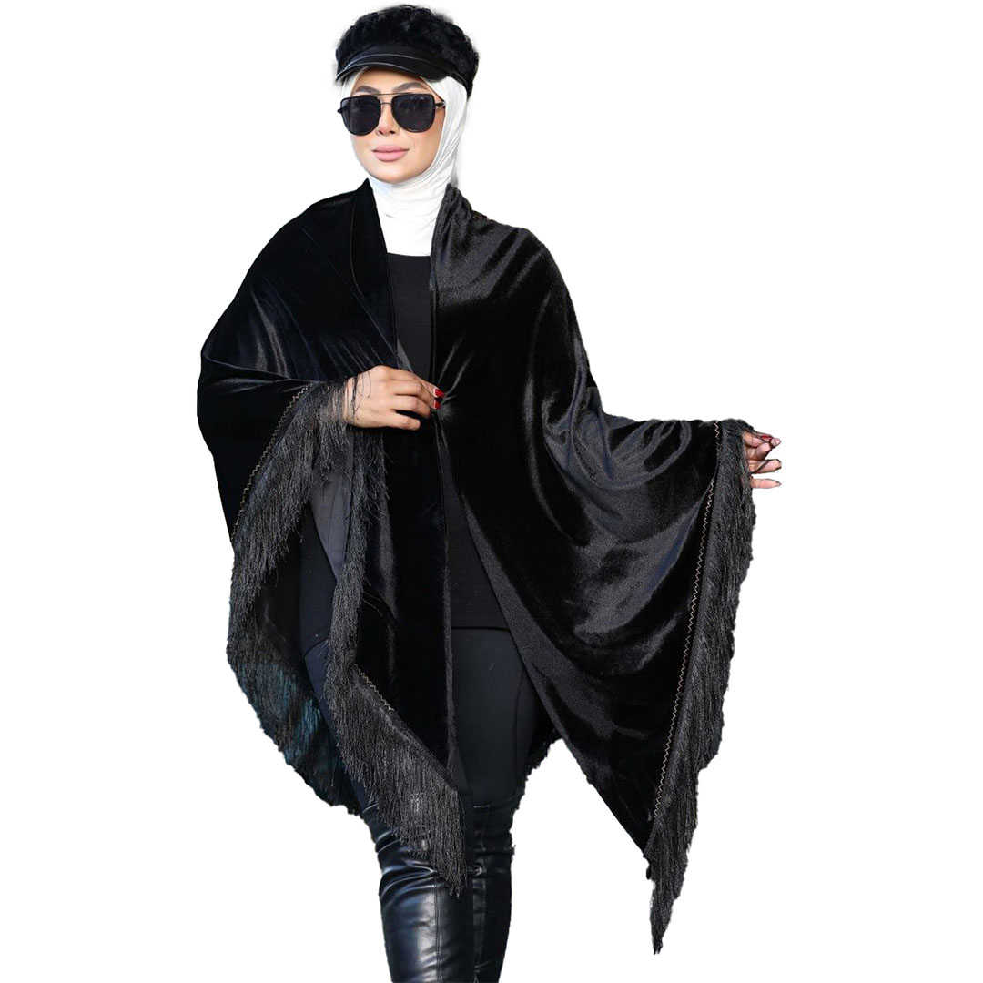 شال بتطريز  حصان ذهبي قطيفه - أسود