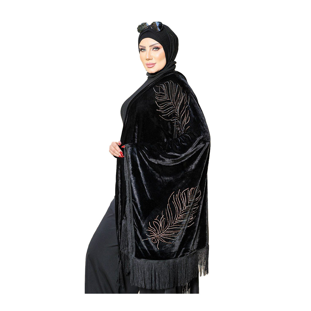 شال بتطريز  اوراق شجر قطيفه - أسود