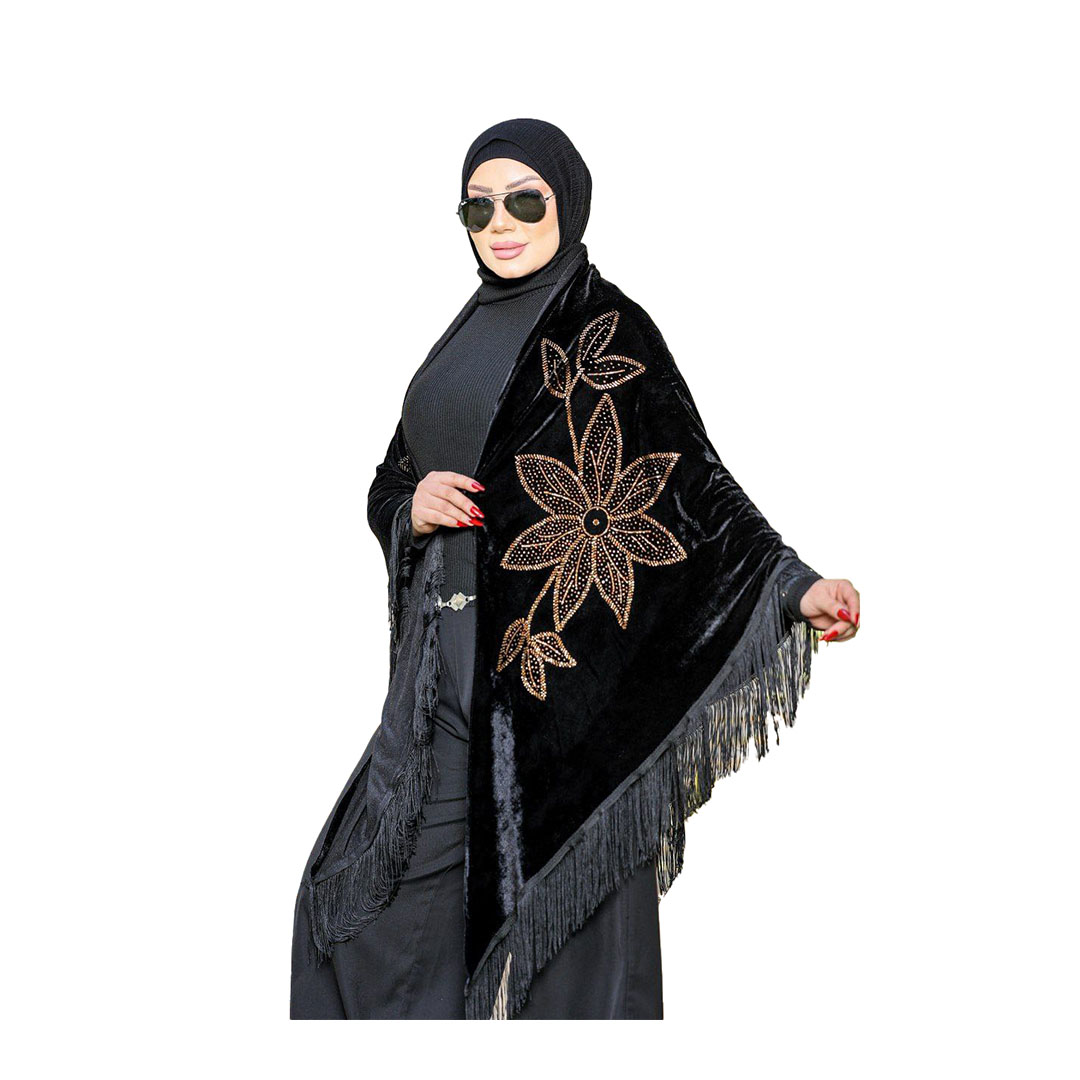 شال بتطريز وردة كبيرة قطيفه - أسود