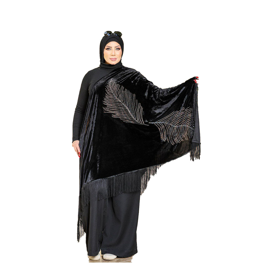 شال بتطريز أغصان شجر قطيفه - أسود