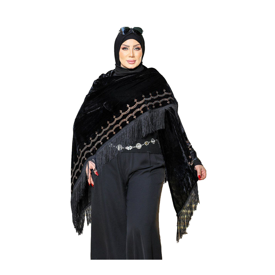 شال بتطريز علي الاطراف قطيفه - أسود