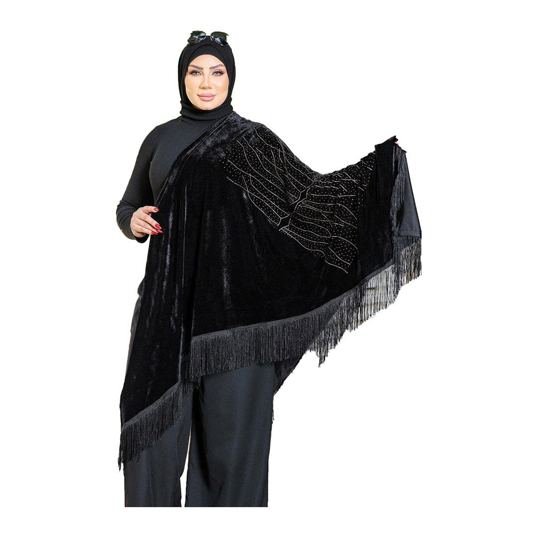 شال بتطريز اغصان الشجر قطيفه -أسود
