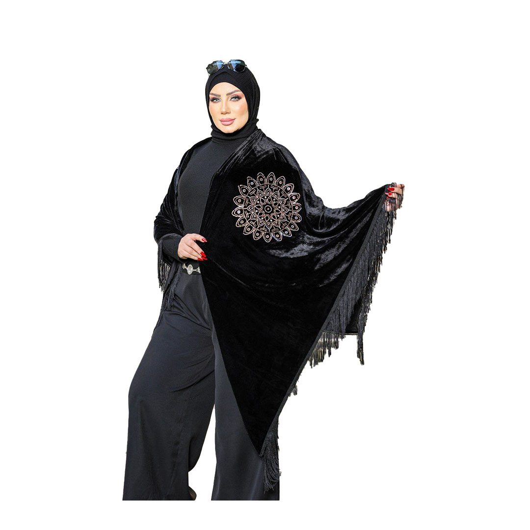 شال بتطريز شكل ورد قطيفه - أسود