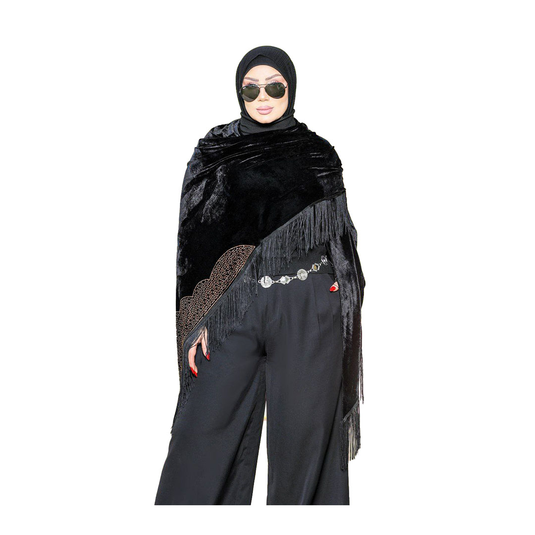 شال بتطريز وتصميم بسيط وراقي قطيفه - أسود