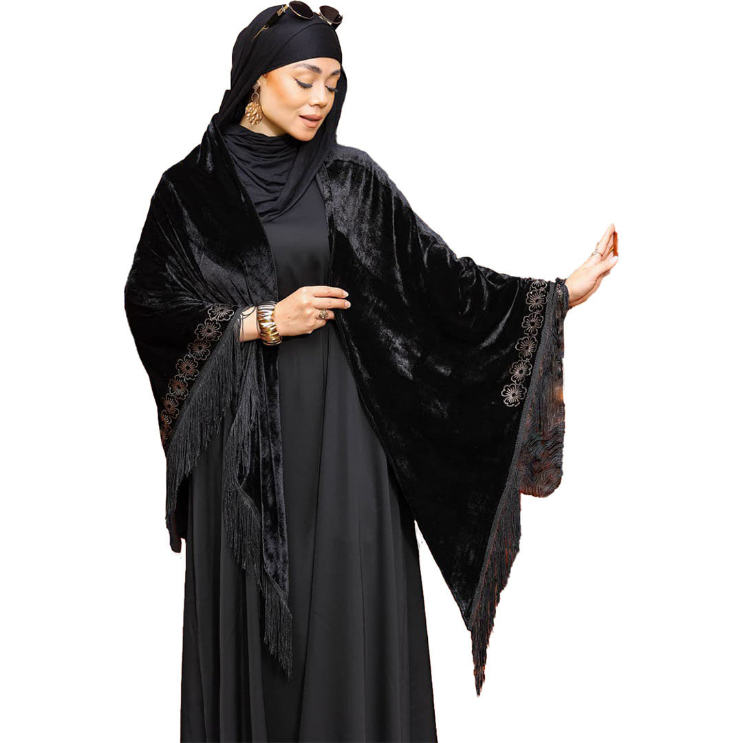 شال بتطريز  ورده قطيفه - أسود