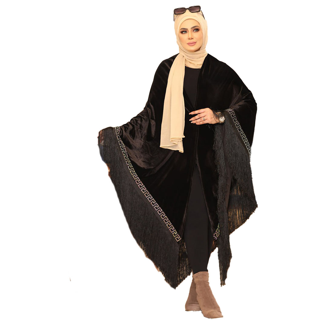شال بتطريز و شراشيب قطيفه - أسود