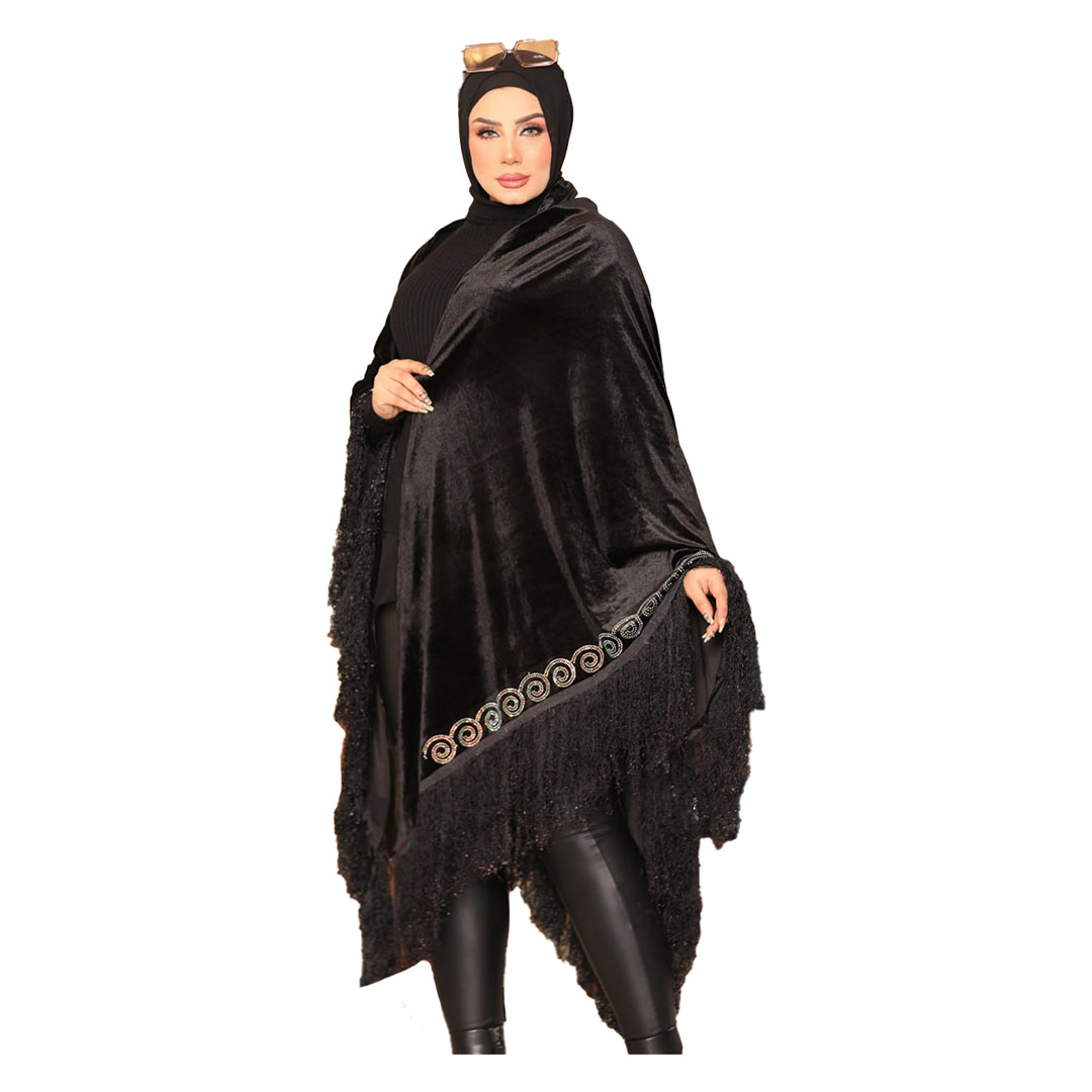شال بتطريز علي الاطراف دوائر قطيفه - أسود