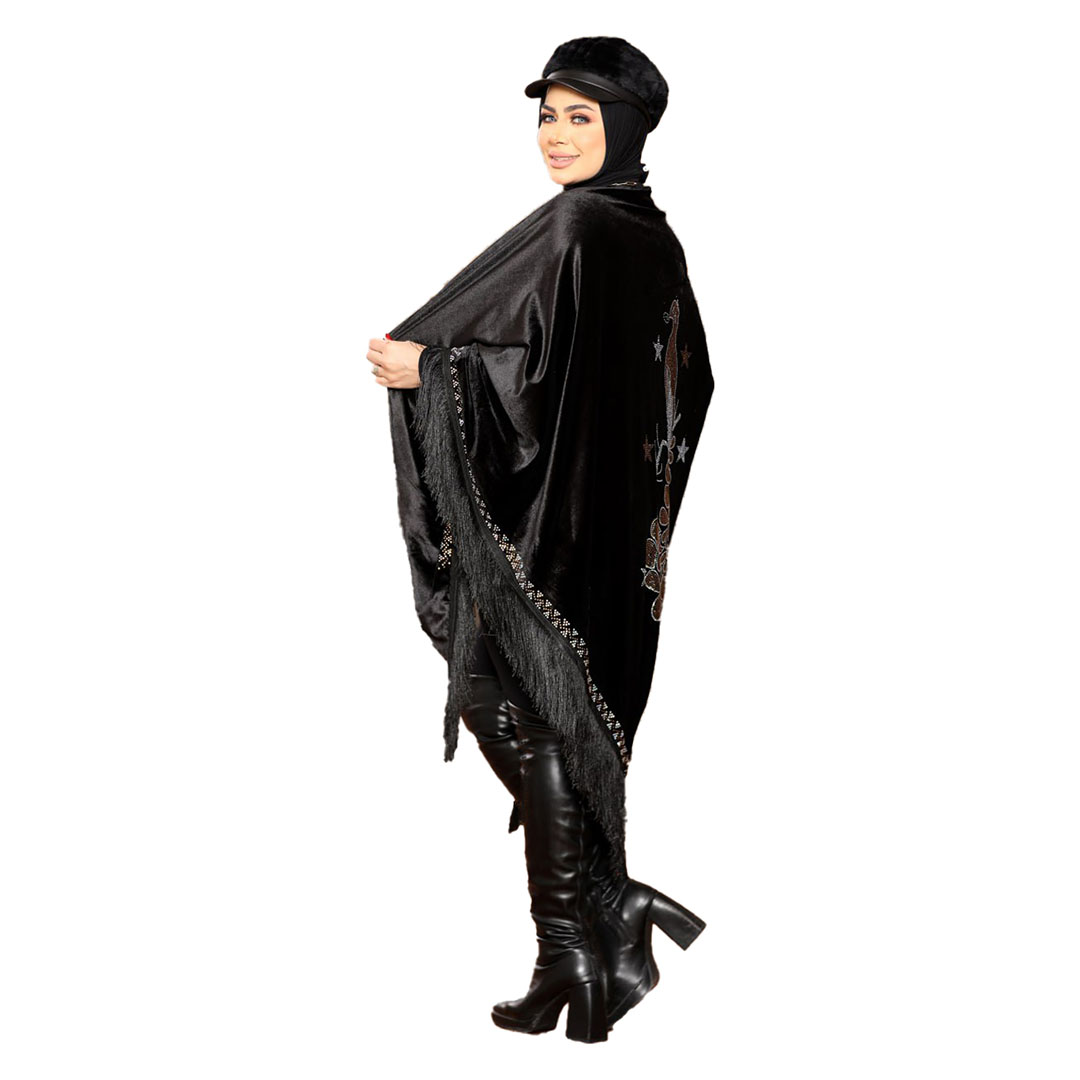 شال بتطريز طاووس الاطراف قطيفه - أسود