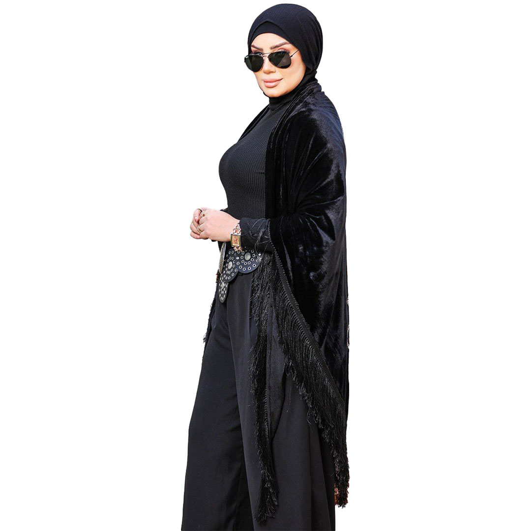 شال بتطريز ورقة شجر قطيفه - أسود