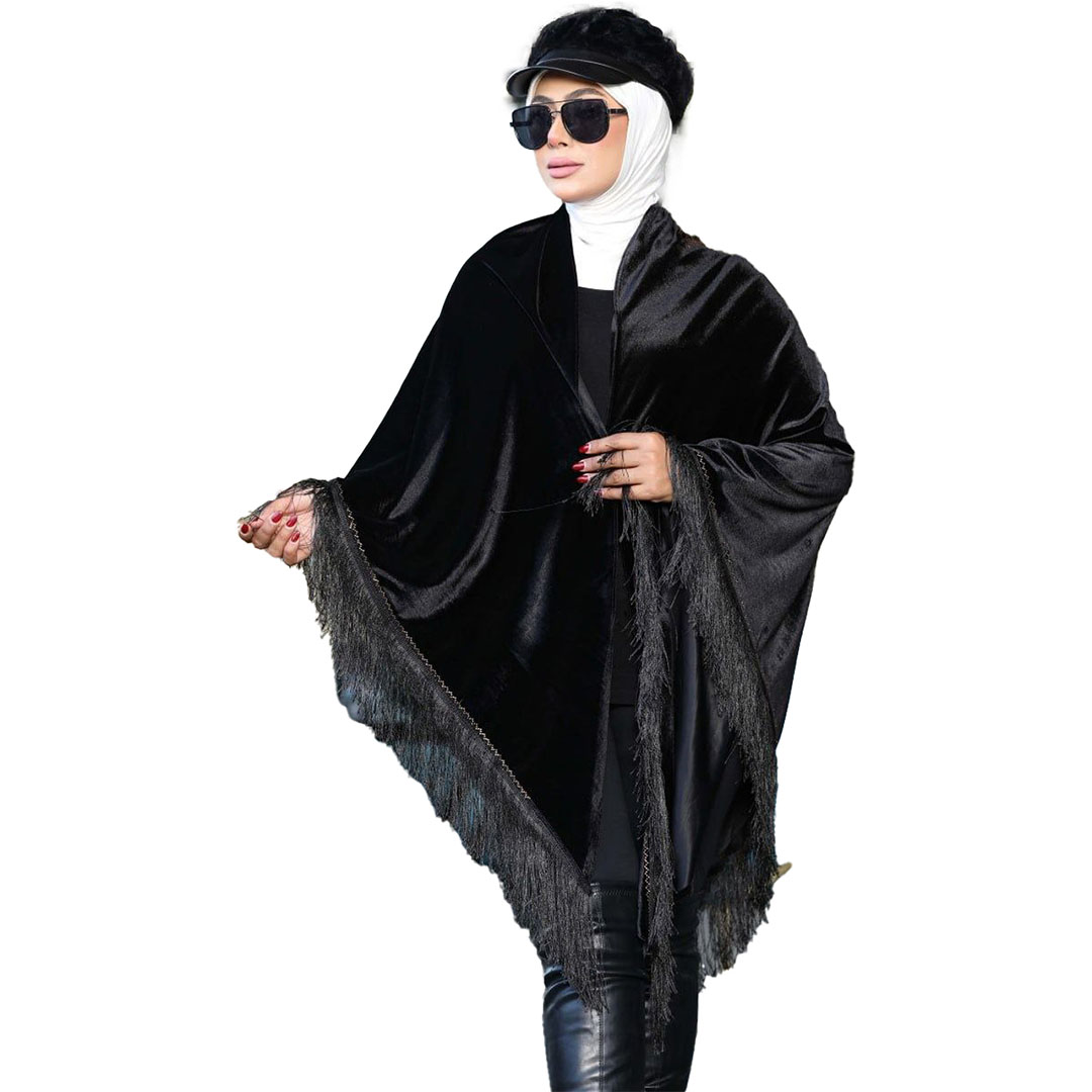 شال بتطريز  حصان أزرق قطيفه - أسود