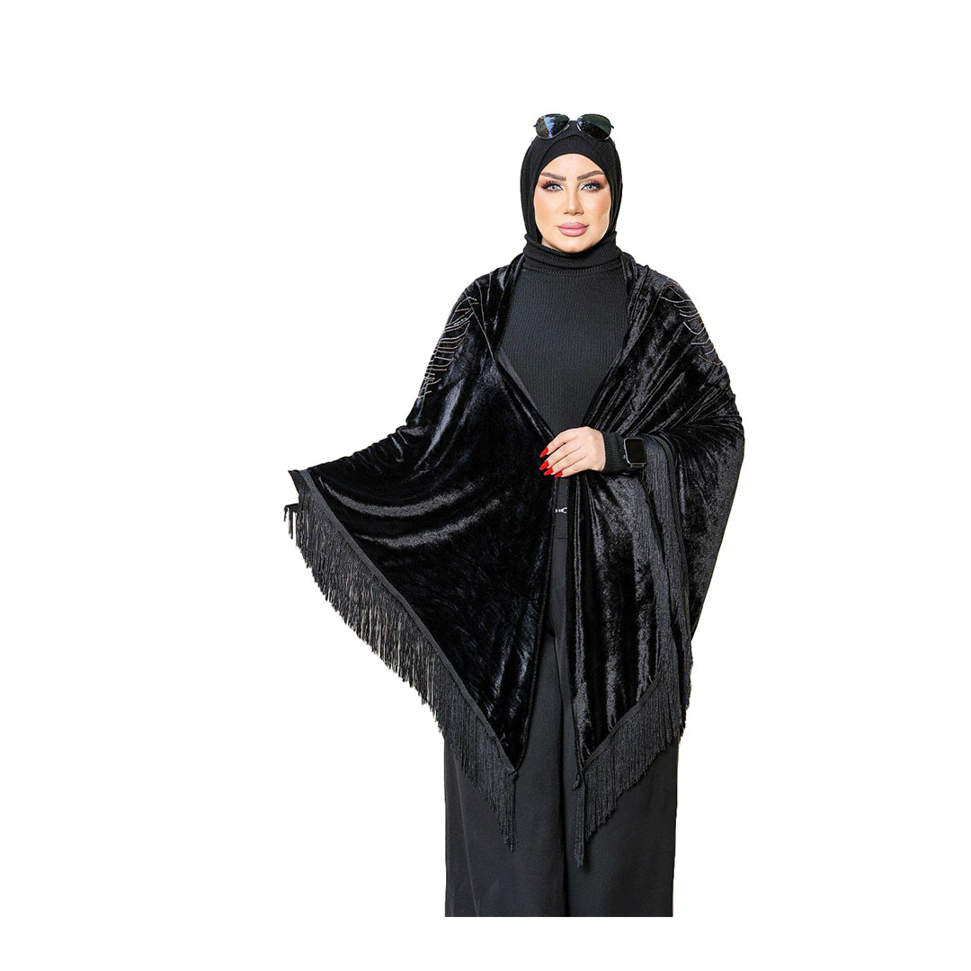 شال بتطريز  اوراق شجر قطيفه - أسود