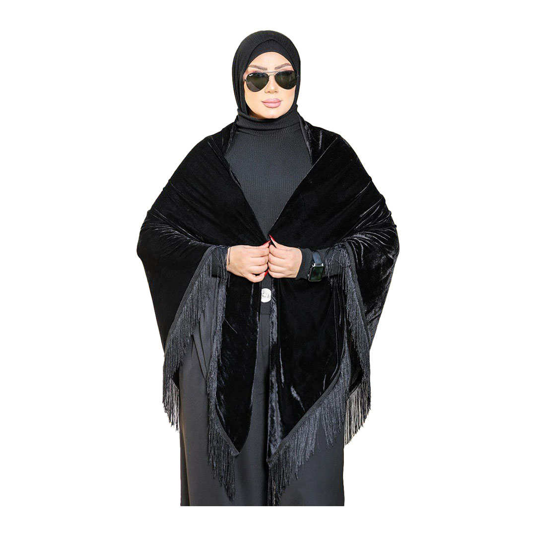 شال بتطريز اغصان الشجر قطيفه -أسود